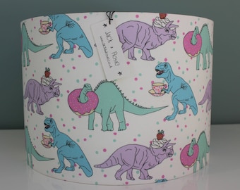 Dinosaur Tea Party drum lampshade | Eco fabric | Handmade drum table lamp or ceiling shade | Dinosaur decor | Nursery decor |