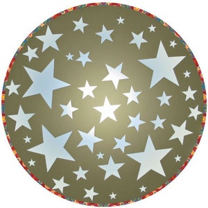 May include: A round, brown, decorative plate with a white border and a pattern of white stars on a brown background.