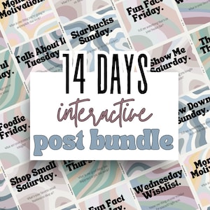 Puede incluir: Un collage de 14 plantillas de publicaciones en redes sociales coloridas con diferentes indicaciones para cada día de la semana. El texto incluye "14 Days Interactive Post Bundle".
