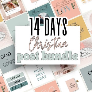 Puede incluir: Un collage de 14 plantillas de publicaciones de Instagram con temas cristianos. Las publicaciones presentan citas, escrituras y mensajes inspiradores. El esquema de color es rosa, azul y blanco.