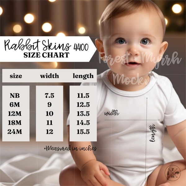 Rabbit Skins 4400 Size Chart | Sizing Guide | Infant Bodysuit Size Chart | Baby Size Chart | Rabbit Skins Infant Mockup | Baby Onesie Mockup