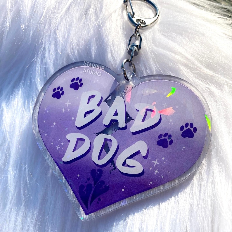 Good Dog/Bad Dog 3 Holographic Acrylic Charm Acrylic Keychain Furry Fandom Fursuit Collar Charm Pet Play Puppy Play BAD DOG (purple)