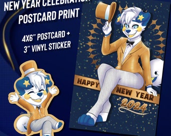 Impression de carte postale de célébration du nouvel an 2024 + autocollant en vinyle