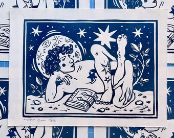 Original Block Print: Moonbathing