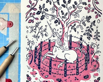 Original Block Print: Medieval Unicorn