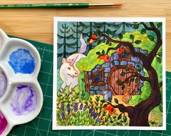 Green Witch's Cottage — Mini Print — fantasy art print, unicorn print, cottagecore print, cottagecore décor, queer artist, trans artist