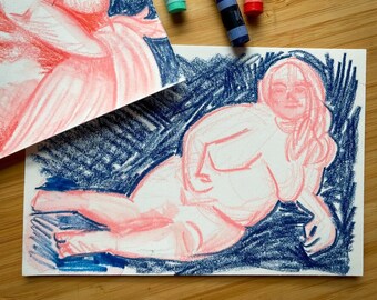 Original Life Drawing: Pink and Blue Nude 1