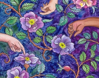 Pluck the Rose original painting — gouache painting, botanical art, queer artist, disabled artist, gay art, arts and crafts movement