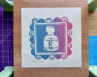 Grabado original en bloque: Frasco de estrógeno