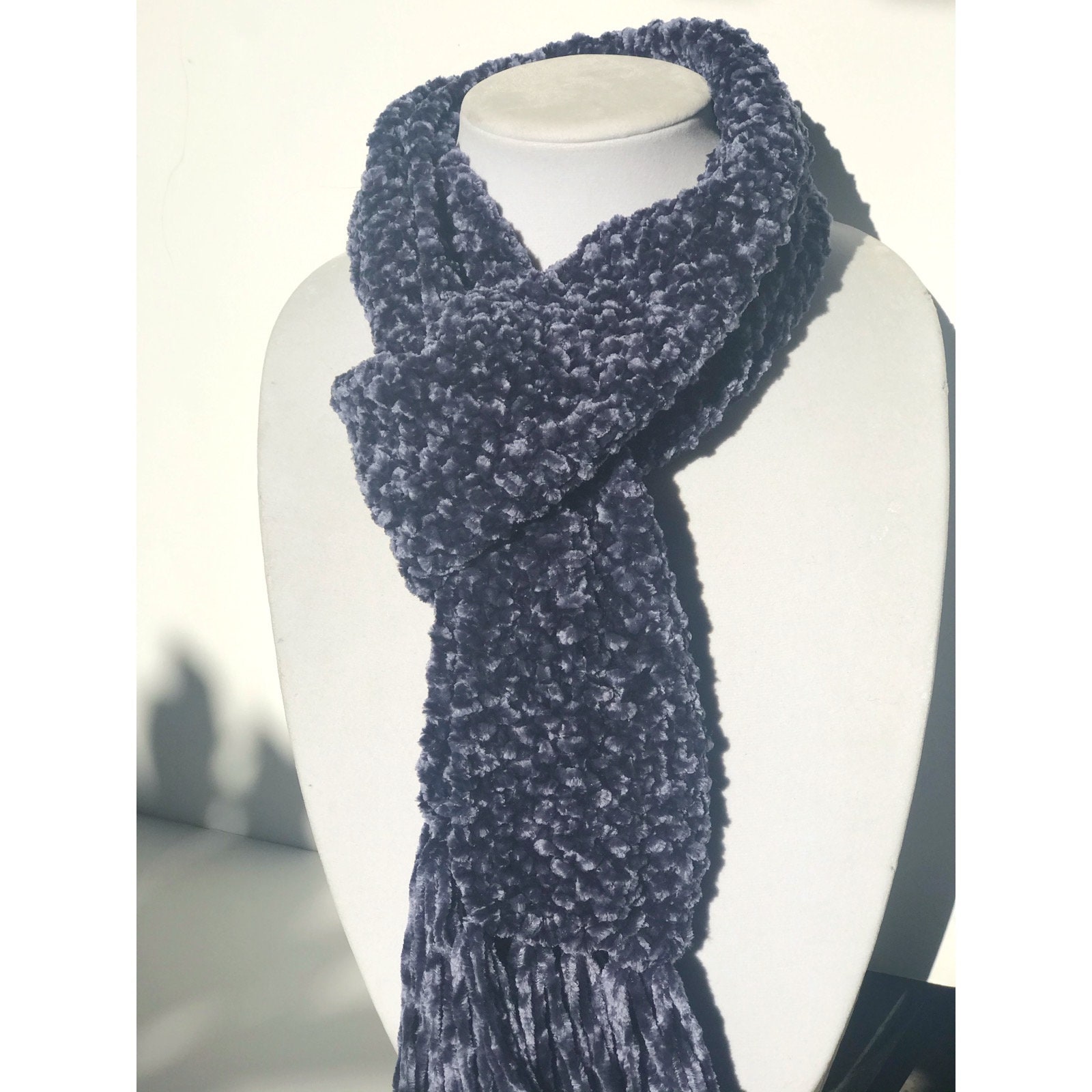 Chenille Velvet Scarves Handknit Women's Scarves Navy Etsy