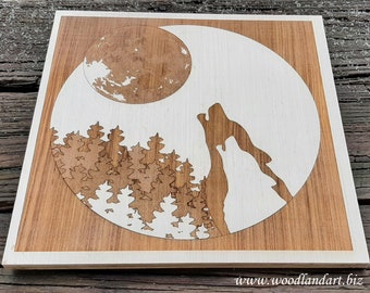 Wolves Howling at the Full Moon in a Pine Woods Laser Engraved Wall Hanging