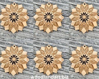 Set of 6 Poinsettia Snowflake Ornaments Solid Wood, Deeply Engraved