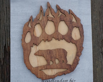 Bear Paw Wooden Relief Plaque Laser Engraved