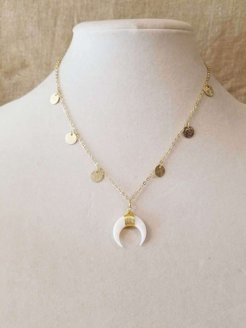 gold necklace Horn necklace coin necklace double horn white horn dangle