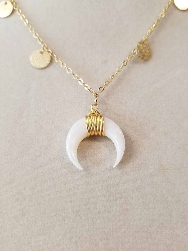 gold necklace Horn necklace coin necklace double horn white horn dangle