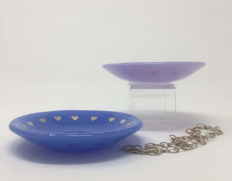 engagement Fused glass dish with silver leaf hearts for rings soap trinkets Valentines jewelry