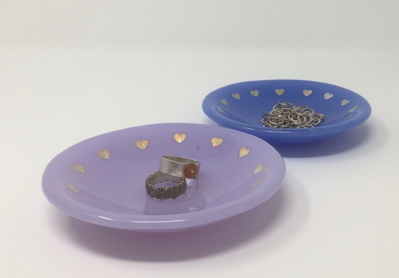 engagement Fused glass dish with silver leaf hearts for rings soap trinkets Valentines jewelry