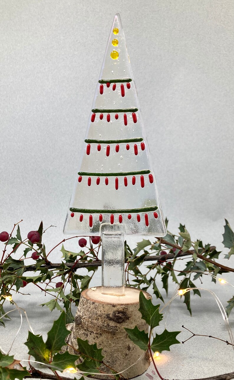 Fused Glass Tabletop Christmas Trees on Aspen Wood Base. Etsy