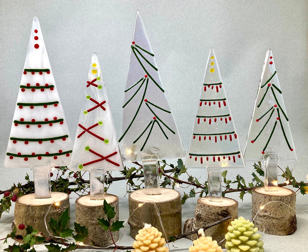 Fused Glass Tabletop Christmas Trees on Aspen Wood Base. Etsy