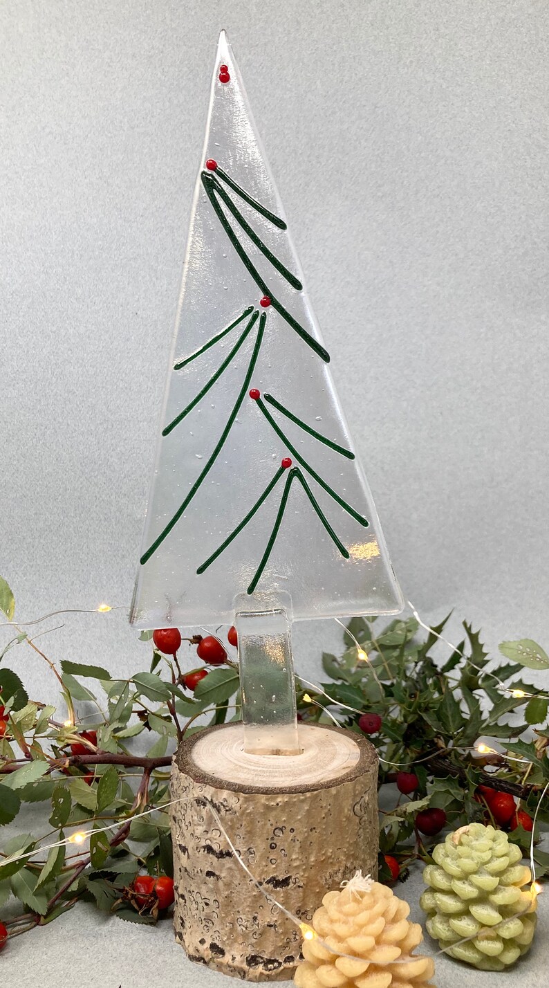 Fused Glass Tabletop Christmas Trees on Aspen Wood Base. Etsy