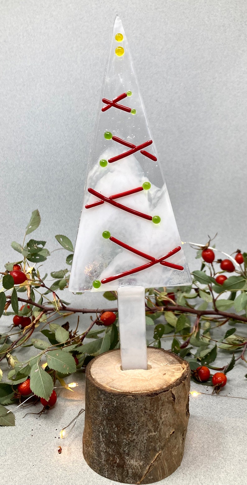 Fused Glass Tabletop Christmas Trees on Aspen Wood Base. Etsy