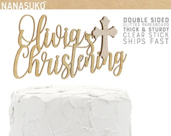 Christening cake topper with personalized name, Baptism cake topper, Communion cake topper, Gold Glitter party decorations, cursive topper