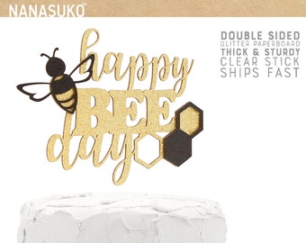 happy BEEday cake topper, bee birthday cake topper, bee theme birthday party, Glitter party decorations, cursive topper