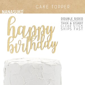 Happy Birthday cake topper, cursive lettering, Gold Glitter party decorations, birthday cake topper