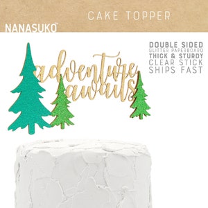 adventure awaits cake topper, baby shower cake topper, woodland baby shower, Glitter party decorations, cursive topper