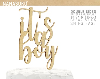 it's a boy cake topper, baby shower cake topper, Gold Glitter party decorations, cursive topper