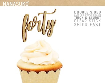 forty cupcake toppers, 40th birthday cupcake toppers, double sided, Gold Glitter party decorations