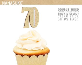 70 cupcake toppers, 70th birthday cupcake toppers, double sided, Gold Glitter party decorations