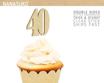 40 cupcake toppers, 40th birthday cupcake toppers, double sided, Gold Glitter party decorations