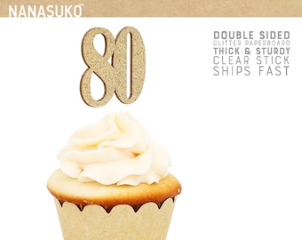 80 cupcake toppers, 80th birthday cupcake toppers, double sided, Gold Glitter party decorations