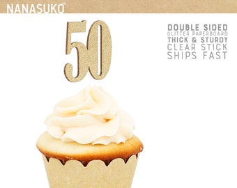 50 cupcake toppers, 50th birthday cupcake toppers, double sided, Gold Glitter party decorations