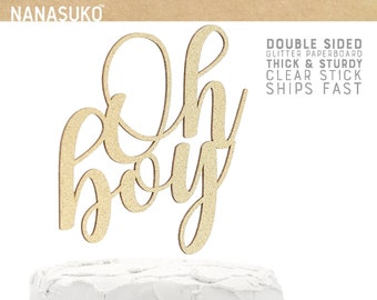 Oh boy cake topper, Gender reveal cake topper for baby shower, Gold Glitter party decorations, cursive topper