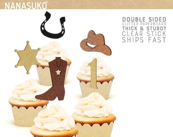 western theme cupcake toppers, my 1st rodeo cupcake toppers, little cowgirl party, little cowboy, double sided, Glitter party decorations