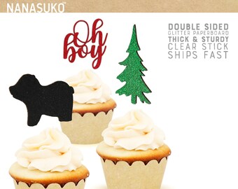 lumberjack cupcake toppers, woodland cupcake toppers, woodland baby shower, oh boy cupcake toppers, double sided,Glitter party decorations