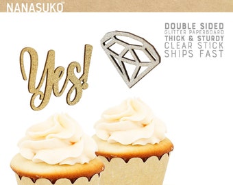 she said yes cupcake toppers, diamond cupcake toppers, bachelorette party decor, engagement decor, double sided, Glitter party decorations