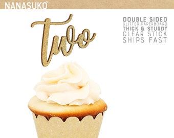 two cupcake toppers, 2nd birthday cupcake toppers, double sided, Gold Glitter party decorations