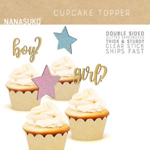 how we wonder what you are cupcake toppers, boy or girl, gender reveal decor, twinkle little star, double sided, Glitter party decorations