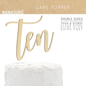 ten cake topper, 10th birthday cake topper, Gold Glitter party decorations, cursive topper