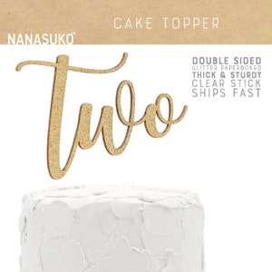 two cake topper, 2nd birthday cake topper, Gold Glitter party decorations, cursive topper