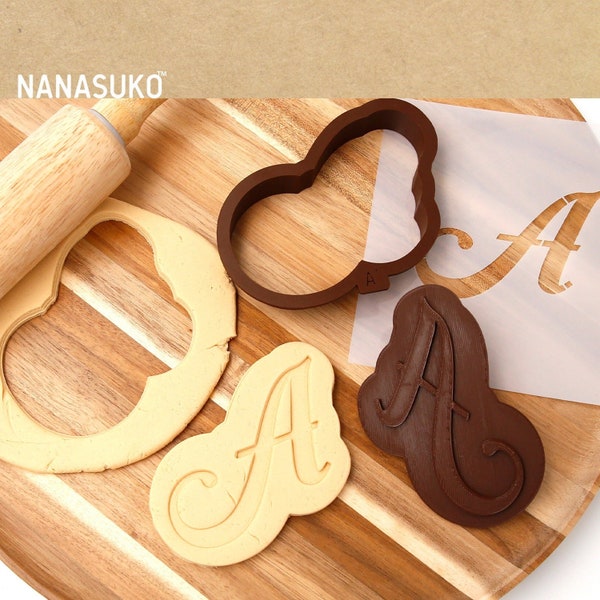 initial cookie cutter, cookie stamp, or stencil, single letter or full alphabet set, cursive lettering cookie cutters, food contact safe