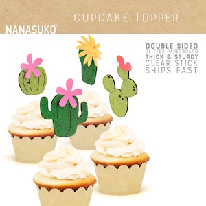 cactus cupcake toppers, taco twosday, let's fiesta cupcake toppers, cinco de mayo decor, double sided, Glitter party decorations