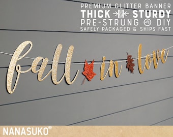 Fall in Love banner, gold glitter party decorations, cursive banner