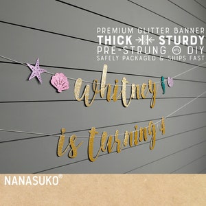 mermaid birthday banner with personalized age and name, under the sea party, glitter banners, cursive banner