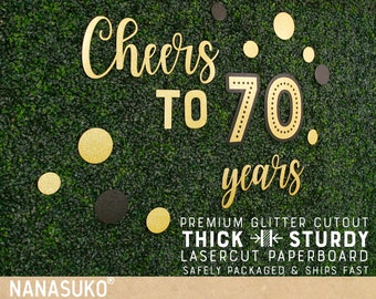 Cheers to 70 Years Wall Cutouts, ANY AGE, 70th birthday decor, 70th anniversary sign, Gold Glitter party decorations, wall cutout for party