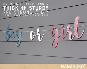 Boy or Girl banner, Gender Reveal banner, Baby Shower banner, Gold Glitter party decorations, cursive banner