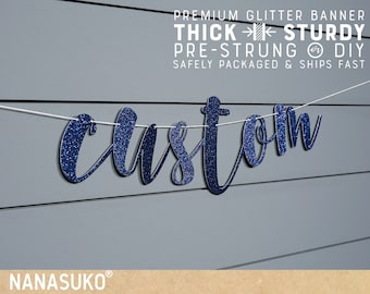 Custom Navy Blue banner, Personalized banner, Gold Glitter party decorations, cursive banner, regular or large size